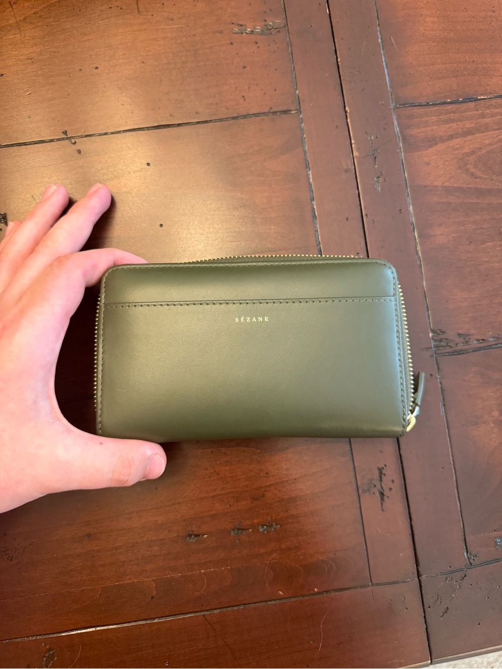 Sézane Olive Green Leather Zip Wallet Used